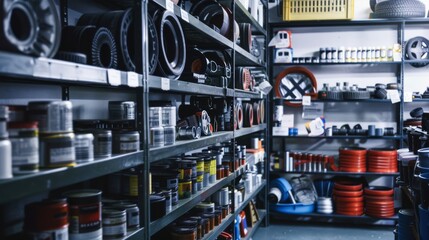 Shelves filled with automotive parts and tools, showcasing an organized and well-stocked workshop.