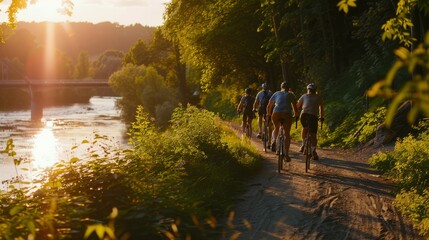 A group of cyclists follows a wooded riverside trail bathed in the soft, golden light of sunset, symbolizing adventure, friendship, and the allure of the great outdoors.