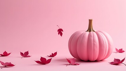 Pink pumpkin on pale pink background, halloween, pink autumn leaves falling