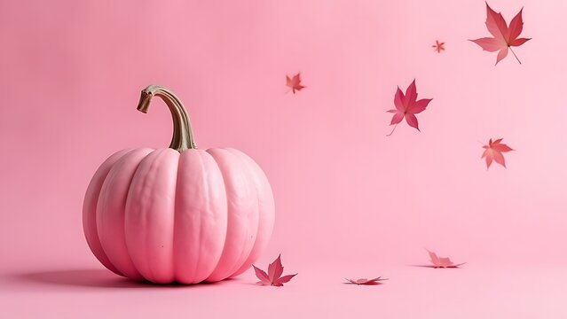 Pink pumpkin on pale pink background, halloween, pink autumn leaves falling