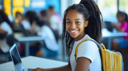 African American student uses laptop in classroom, teenager girl embraces education and technology, school computer enhances knowledge acquisition, learning environment, digital literacy