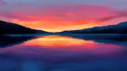 Vibrant Sunset Reflected on Still Water with Silhouetted Hills