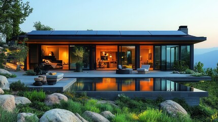 sustainable home featuring solar panels on the roof set against a serene landscape promoting ecofriendly energy solutions and modern living