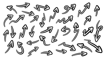 Hand drawn arrows collection Set simple flat arrows isolated on white background. Arrow mark icons and arrow paint. Stock vector. EPS10.