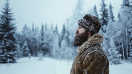 Fototapeta premium A man in a fur-lined coat and hat stands in a snowy forest, looking upward as snow delicately falls, surrounded by tall, frosted trees.