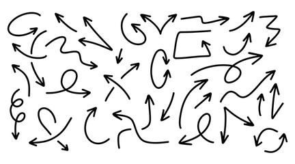 Hand drawn arrows collection Set simple flat arrows isolated on white background. Arrow mark icons and arrow paint. Stock vector. EPS10.