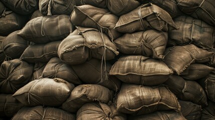 Obraz premium A large stack of burlap sacks tightly packed together, creating a textured and rustic visual.