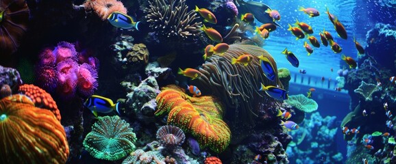 A vibrant scene of colorful tropical fish swimming around a diverse coral reef in clear blue ocean waters. wide web banner