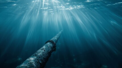 Naklejka premium A mysterious underwater vista featuring a rugged pipeline disappearing into the deep blue distance, surrounded by ethereal light beams piercing the surface.