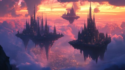 Three floating cities amidst a vibrant sunset sky
