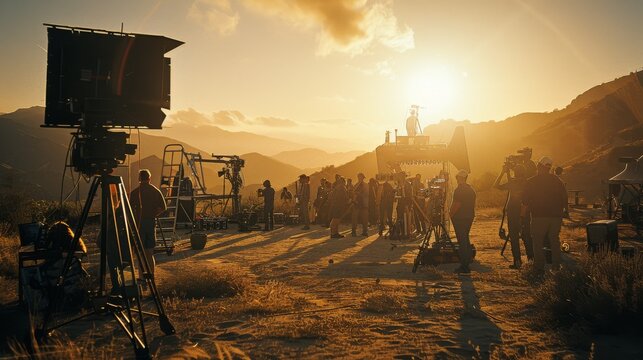 A film crew captures a dramatic sunset scene in a remote, hilly landscape, their equipment silhouetted against the vibrant sky and rolling hills.