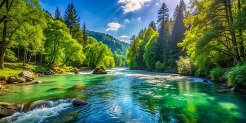 Serene View of a Glistening River Flowing Through Lush Green Forest Under a Clear Blue Sky