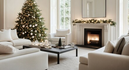 Cozy living room decorated for Christmas with a glowing fireplace, tree, and elegant furnishings