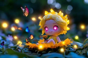 A doll with bright yellow hair and glowing pink eyes, sitting on a sunflower in a magical garden. The flowers glow faintly in the soft twilight, and colorful butterflies flutter around her as