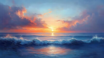 Fototapeta premium tranquil ocean scene depicting a calm sea reflecting a stunning sunrise with soft colors blending harmoniously the serene atmosphere evokes peace and natures beauty