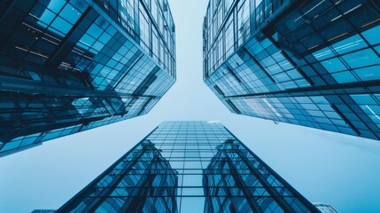 Looking up at towering glass skyscrapers against a clear blue sky, the reflective surfaces creating a dramatic urban perspective.