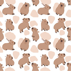 Seamless pattern featuring a cute cartoon capybara on a white background. Fabric or wrapping paper design, wallpaper
