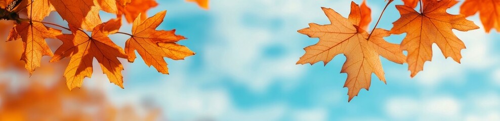 Fototapeta premium Vibrant autumn leaves against a soft blue backdrop on a sunny day in the park