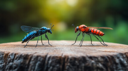 Two colorful robotic insects, one blue and one red, face each other on a wooden tree stump, symbolizing nature and technology.