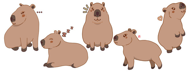 A set of illustrations of a cute cartoon capybara isolated on a white background
