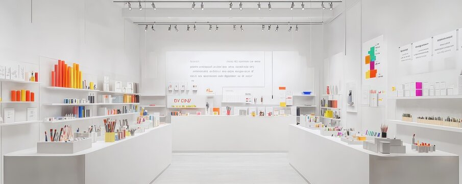 A minimalist modern art supply store with supplies displayed against stark white walls, clear labeling in a minimalist font, and a layout that encourages creativity through the simplicity of the space