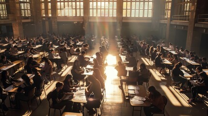 A room filled with students taking an exam, sunlight streaming through tall windows creating a focused yet serene atmosphere.