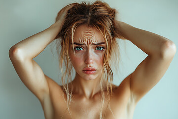 Fototapeta premium A woman shows intense frustration and stress by pulling her hair, vividly expressing irritation and emotional overwhelm in a tense moment. 