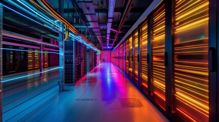 A futuristic data center hall lit by vibrant, colorful neon lights reflecting off the server racks, depicting advanced technology and high-security operations.
