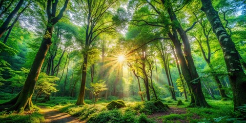 Naklejka premium Serene Wilderness Scene with Lush Green Trees, Sunlight Filtering Through Dense Forest Canopy