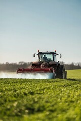 Fototapeta premium Tractor spraying fertilizer on a lush green field during sunny weather in the countryside