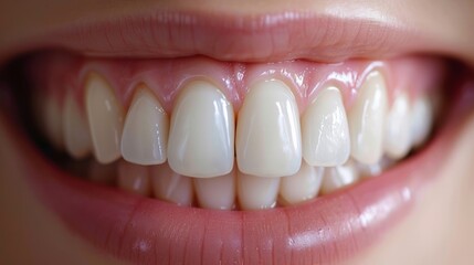 Fototapeta premium White smile. A close-up view of a row of teeth. The gums are a healthy pink, suggesting good oral hygiene.