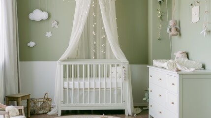 A beautifully designed pastel green nursery with a crib, cozy furnishings, and soft lighting creating a serene, welcoming space for a newborn.