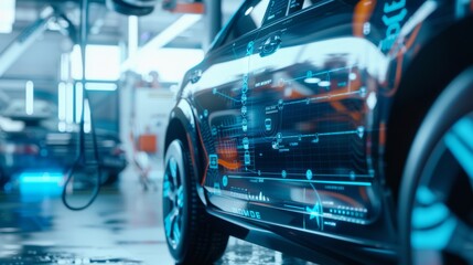 A futuristic car in a brightly lit garage, with digital displays on its exterior reflecting technological complexity and advanced automotive design.
