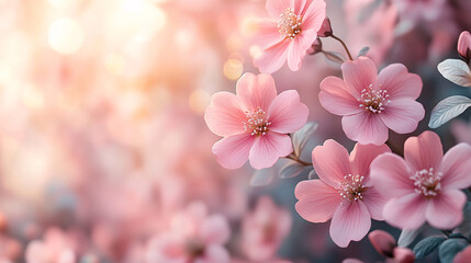 Obraz premium Pink flower border illustration with delicate blossoms framing a soft gradient background, perfect for inviting text or messages on greeting cards or invitations.