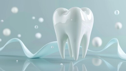 The image shows a stylized representation of a tooth on a light blue background. The tooth is depicted with a glossy, white finish, indicating cleanliness and health.