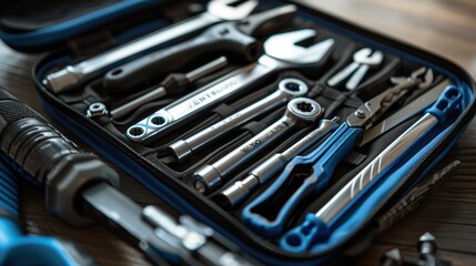 Fototapeta premium Set collection of blue screwdriver work tool in open case on the wooden table closeup, handyman home repair kit toolbox