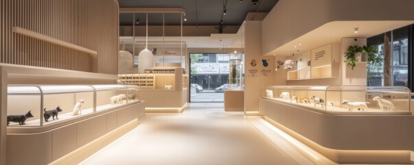 A minimalist modern pet store with sleek, built-in enclosures for pets, a neutral color scheme, and clear, concise signage that helps customers easily find what they need without visual clutter