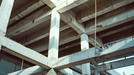 Fototapeta premium An unfinished concrete building framework with exposed beams and support structures, highlighting the raw, industrial look of its ongoing construction.