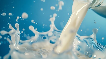 A close-up of milk splashing into a glass, captured mid-motion against a blue background, highlighting the liquid&rsquo;s dynamic texture.