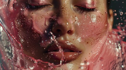 An extreme close-up highlighting the intricate details of liquid blush splashing onto contoured cheeks, with finely milled powder blush dispersing in the air, 