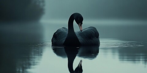 A serene black swan gracefully glides over a misty lake. The calm waters reflect its elegant shape. Perfect for nature lovers and wildlife enthusiasts. A tranquil moment captured beautifully. AI