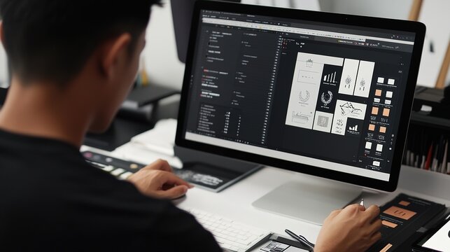 A designer refining a brand identity, adjusting logo details and typography on a digital platform