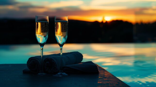 Two champagne glasses by a serene poolside at sunset, reflecting golden hues of the setting sun, evoking romance and celebration in a picturesque setting.