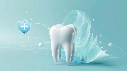 The image shows a stylized representation of a tooth on a light blue background. The tooth is depicted with a glossy, white finish, indicating cleanliness and health.