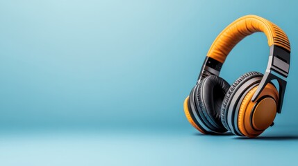 Naklejka premium Stylish Black and Orange Headphones on Blue Background