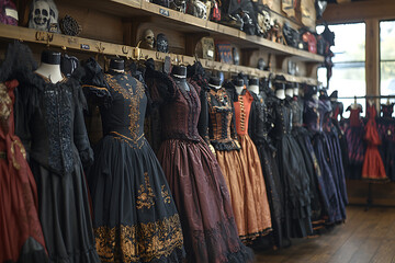 Obraz premium Boutique-style Halloween costume shop featuring kid-friendly ghost and vampire costumes. Displayed on racks and mannequins with bright colors, cute accessories, and modern twists on classics. 