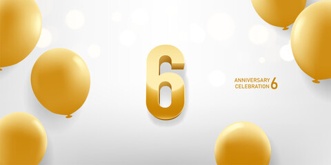 6th Anniversary celebration background. Golden 3D numbers on white background with golden balloons and bokeh lights in background.