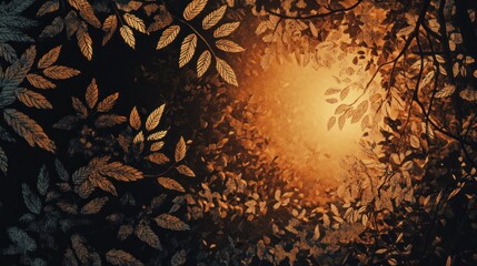 Abstract Art of Golden Leaves and Branches Against a Dark Background