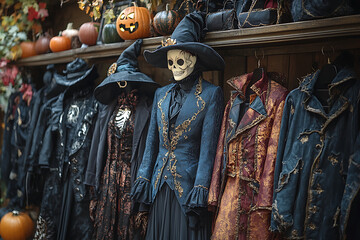 Fototapeta premium Boutique-style Halloween costume shop featuring kid-friendly ghost and vampire costumes. Displayed on racks and mannequins with bright colors, cute accessories, and modern twists on classics. 