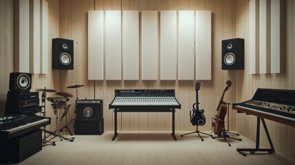 A minimalist music studio with acoustic panels, a few high-end instruments, and a simple recording setup The room is designed for clarity of sound with minimal distractions